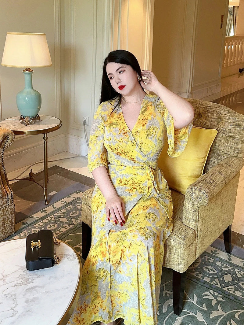 French Style Print Wrap Around Body Large Size Belly Covering Slimming Holiday Long Dress Wrap Around Skirt Large Size