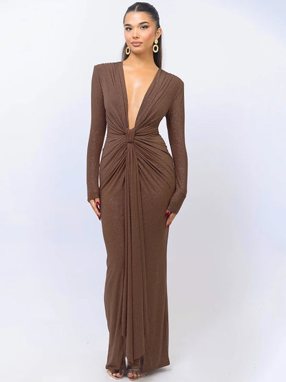 Glitter Deep V Neck Maxi Dress for Sparkle Long Sleeve Ruched Bodycon Split Club Party Dress