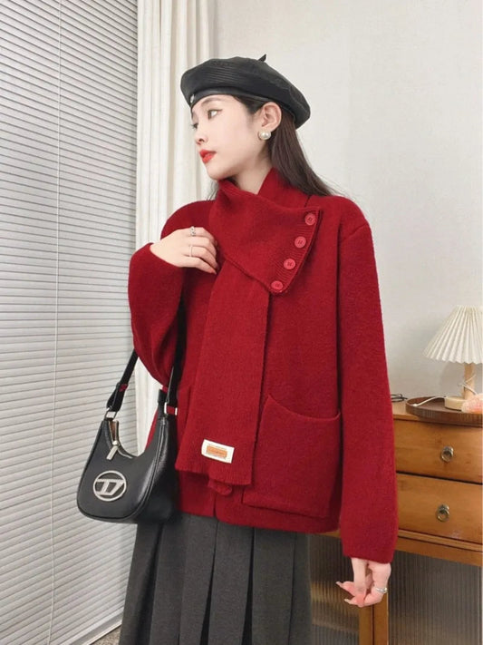 Sweet Hot Girl Christmas Detachable Scarf Knitted Cardigan Fall/winter Loose Longsleeved Sweater Female Clothes