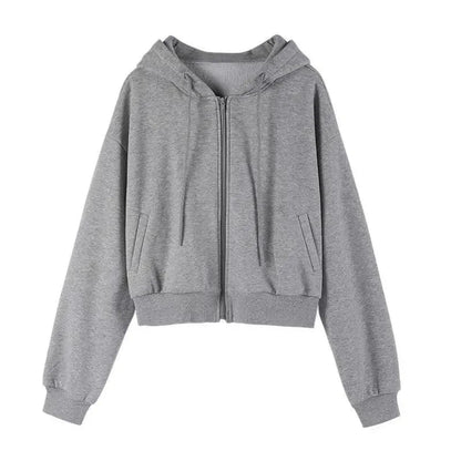 Autumn Spring Zip Up Hoodies Pockets Slim Crop Top Jacket Female Clothes Drawstring White Hoody Cotton Coats
