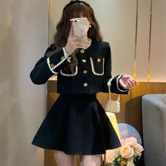 Autumn New Two-piece Skirt Sets Korean Crop Jacket Coat Mini Skirt Female Clothing Y2k Outfits