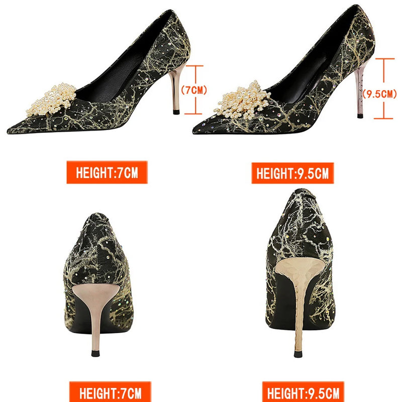 Shoes Pearl Flowers Woman Pumps Rhinestone High Heels New Luxurious Heels Stiletto Large Size Pumps