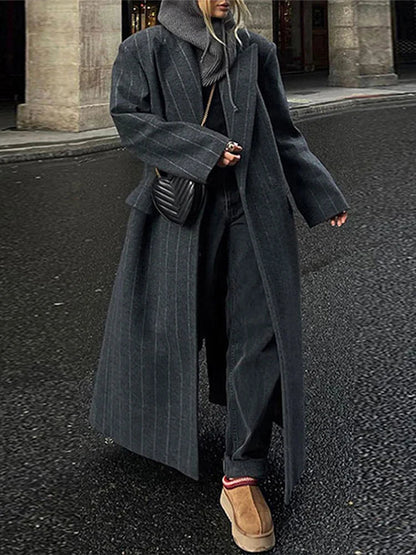 Gray Striped Long Coats Woolen Lapel Long Sleeve Back Split Loose Jackets Autumn Street Outwears