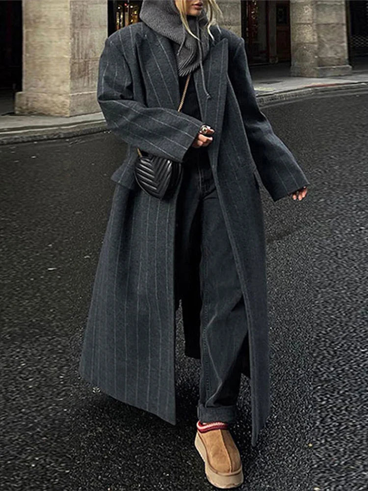 Gray Striped Long Coats Woolen Lapel Long Sleeve Back Split Loose Jackets Autumn Street Outwears
