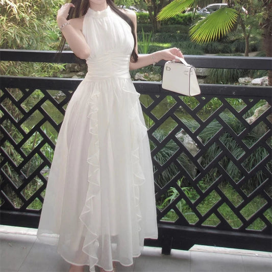 White Long Dresses Ruffles Halter Sleeveless Spring Summer Sweet Vestidos Korean Fasion Dress