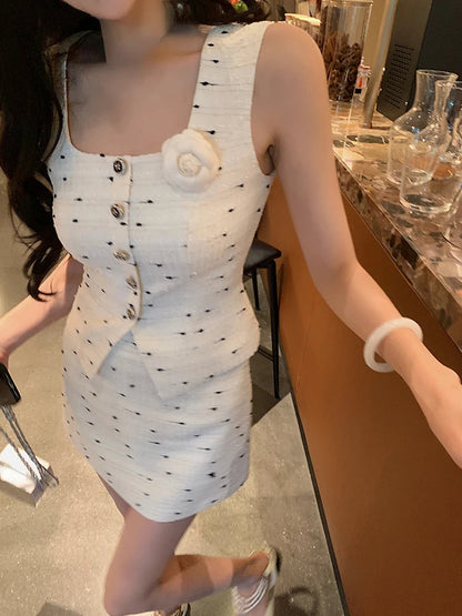 Office Lady Set Print Vest Blouse + Slim Short Skirt 2 Piece Skirt Suits French Summer Y2k