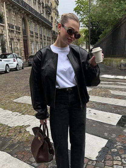 Zipper Round Neck Faux Leather Jacke Long Sleeved Color Coat Autumn New Lady Commuting Outerwear