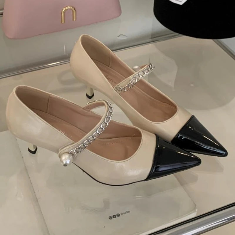 Pointed Toe Thin High Heel Shoes Summer Design Buckle Metal Decoration Banquet Mary Jane Shoes