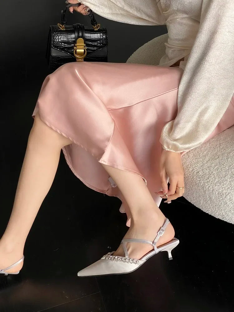 Spring Crystal Pointed Toe Narrow Band Woman Pumps Sandals Thin Low Heels Slingbacks Buckle Strap Female Shoes