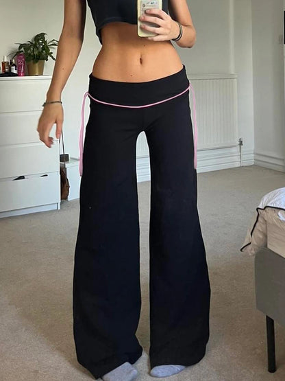Contrast Lace-up Low Waist Y2k Flared Pants Black Basic Simple Sweet Style Trousers