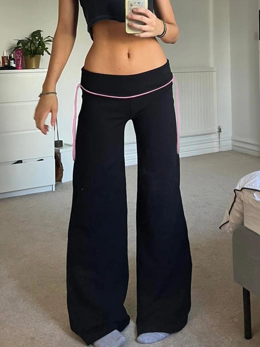 Contrast Lace-up Low Waist Y2k Flared Pants Black Basic Simple Sweet Style Trousers