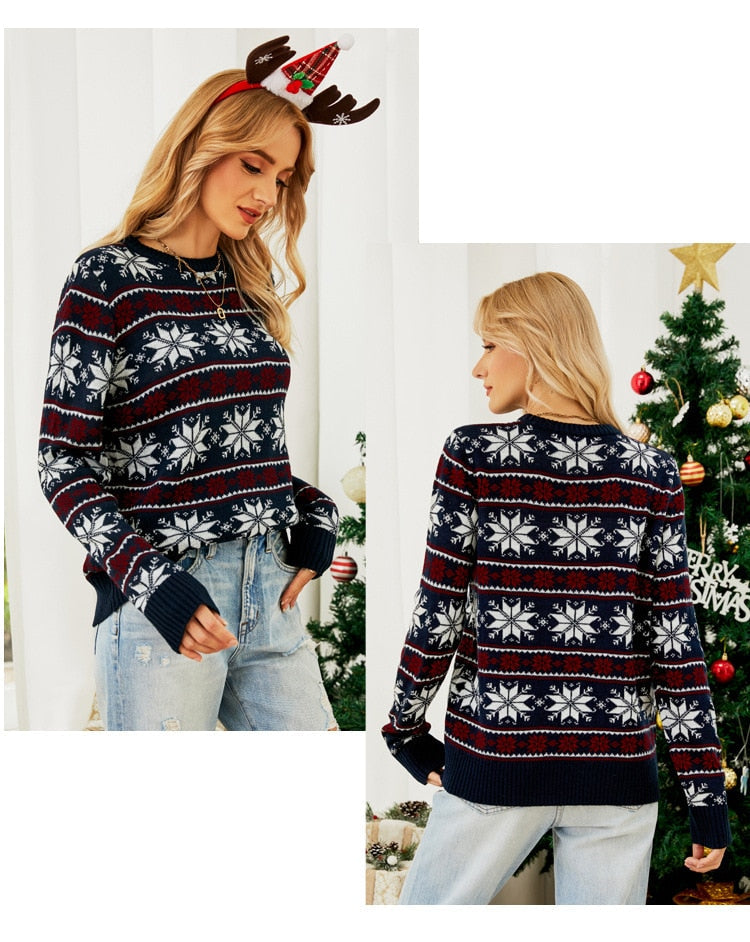 Long Sleeve Small Snowflake Slim Red Christmas Print Sweater Knit Jumperpullover Sweater