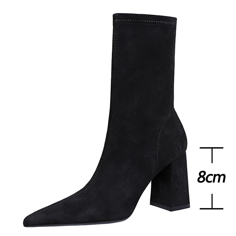 Shoes High Heel Boots Suede Ankle Boots Pointed Toe Socks Boots Thick Heel Shoes Warm Winter Boots Size 43