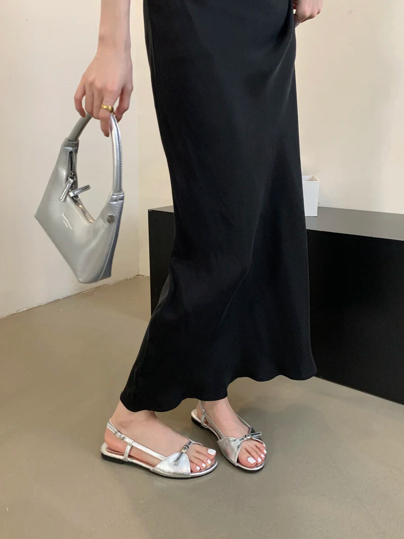Silver Sandals Flats Brown Belt Buckle Shoes Summer Flats Sandal Comforts Sandalias De Mujer