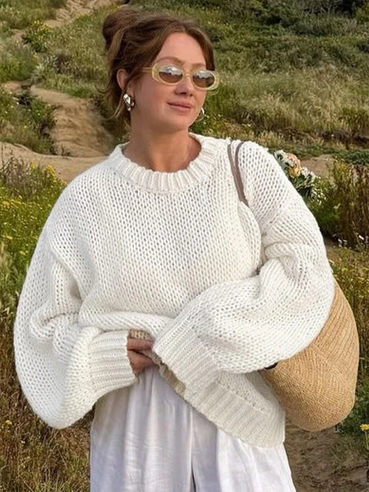 Knitted Hollow Out O-neck Sweaters Loose Long Sleeve Pullover Sweater Female Autumn Street Tops