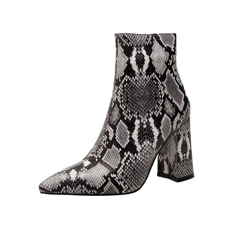 Snake Print Pu Leather Ankle Boots Zip Pointed Toe Footwear Block High Heels Female Boot Winter Party Shoes New 43