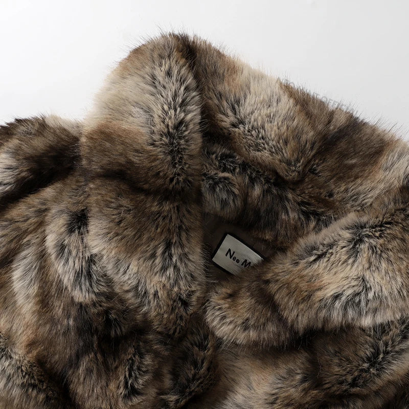 Retro Stripped Short Faux Fur Coat Winter Y3k Cropped Big Fur Collar Fox Fur Jacket