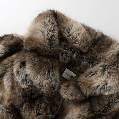 Retro Stripped Short Faux Fur Coat Winter Y3k Cropped Big Fur Collar Fox Fur Jacket