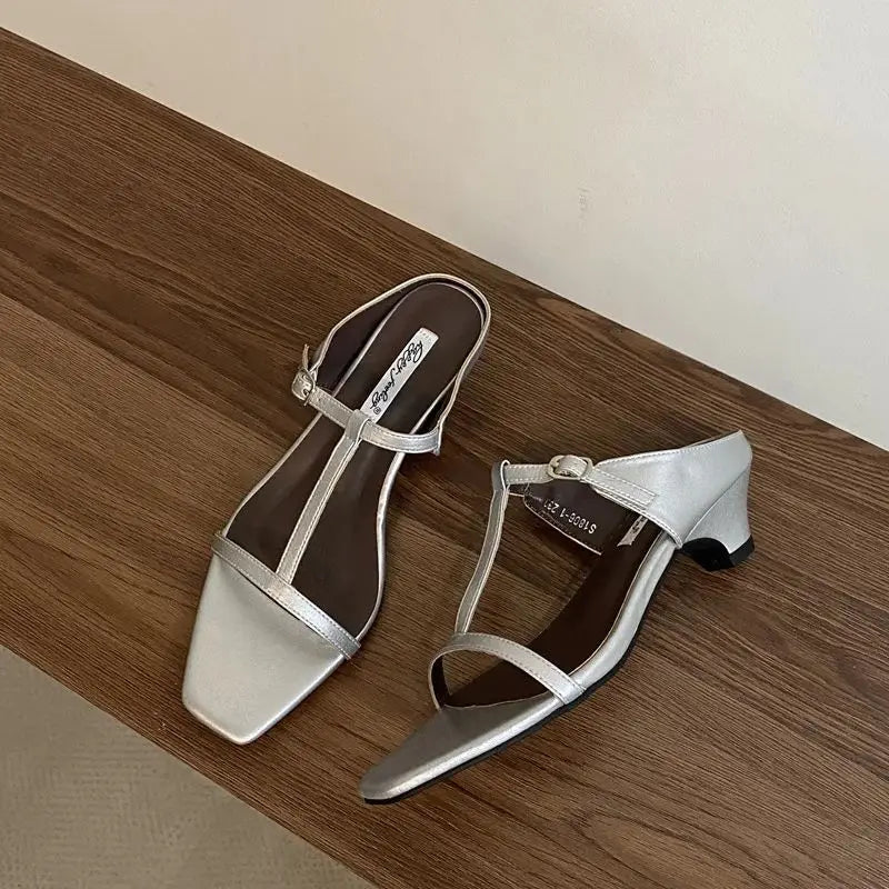 Summer Slipper Square Heels Sandals Square Toe Party Wedding Shoes Slip on Beach Slides Mujer