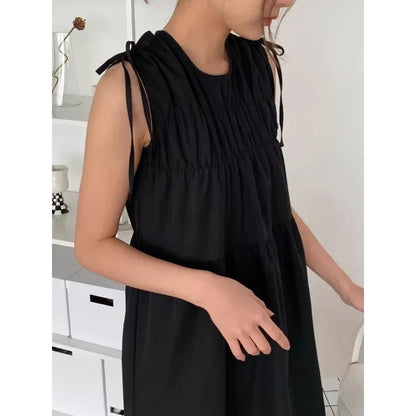 High Street Laceup Pleated Loose Tank Dress Summer New Korean Oneck Color Sleeveless Mini Dress