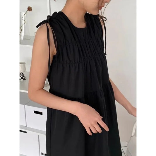 High Street Laceup Pleated Loose Tank Dress Summer New Korean Oneck Color Sleeveless Mini Dress