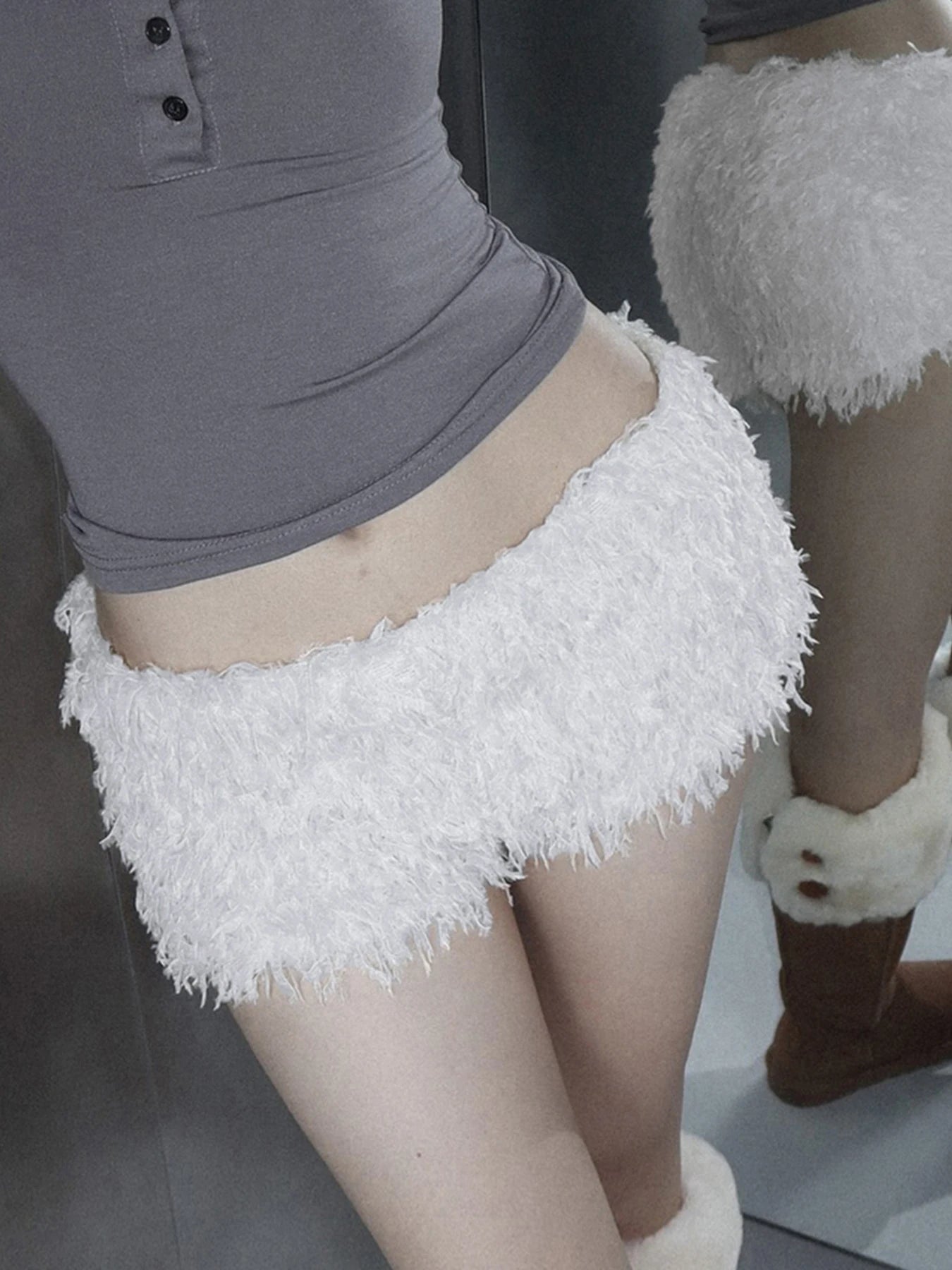 Faux Fur Knitted ��s Short Y2k Skinny Simple Low Waist Autumn Winter Design Basic Pants