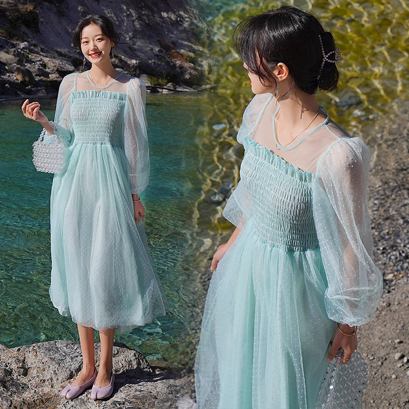 Fairy Dress Summer New Forest Mesh French First Love Pink Sweet Princess Dress Green 3/4 Sleeves Pleated Long Dress
