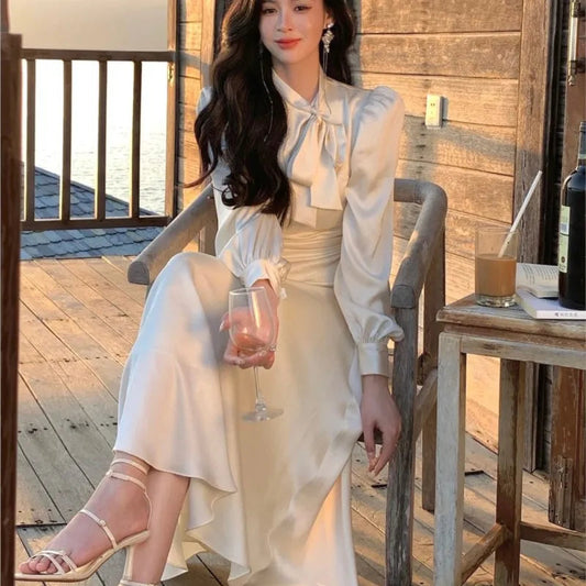 Stain Midi Dresses for Long Sleeve Oneck Bow Tie Aline Korean Vestidos Folded Design Party Prom