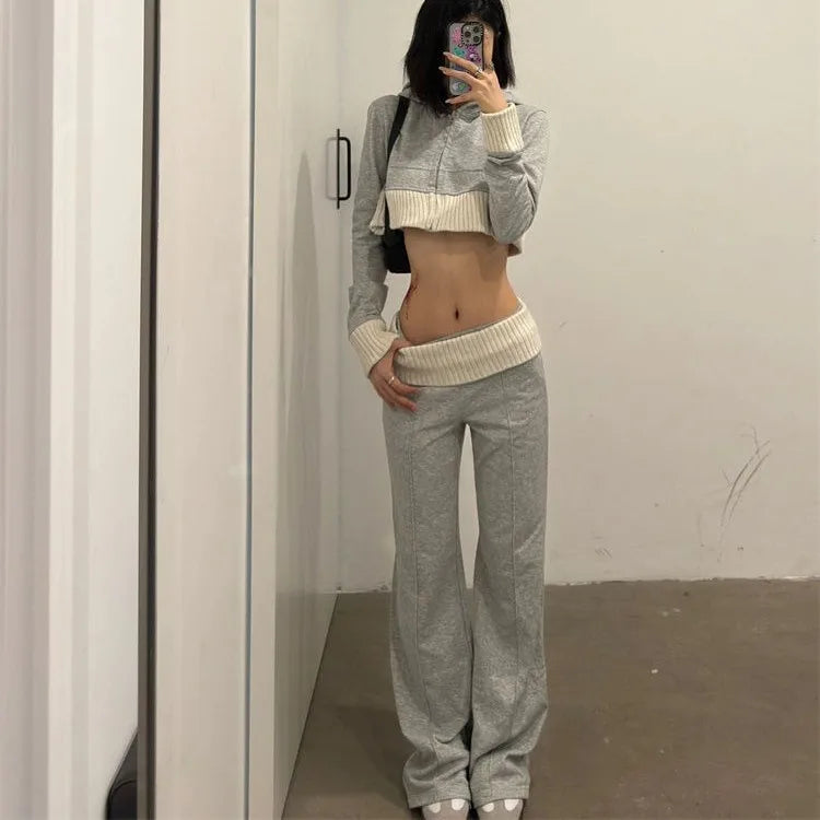 Korean Long Sleeve Hoodie Knitted Coat + Y2k Grunge High Waist Loose Wide Leg Pants Spring New Two Piece Sets