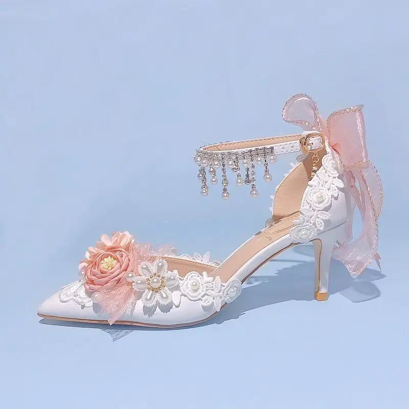 Lolita Brode Shoes New Pearl Rhinestone Pink High Heels for Sweet Flower Knot Bridal Wedding Shoes