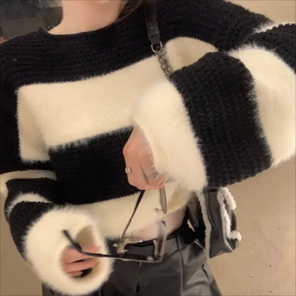 High Street Loose Soft Cashmere Long Sleeve Sweater Winter New Oneck Contrast Color Striped Knitted Crop Tops