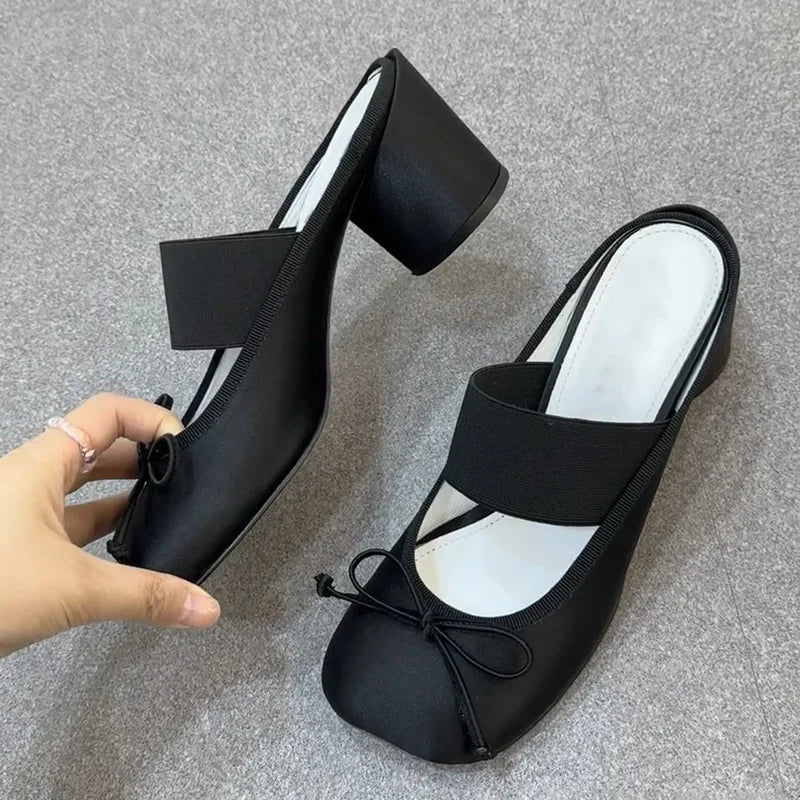 Handmade Korean Apple Head Cool Slippers for Outwear New Summer Baotou Bow Thick Heels High Heels