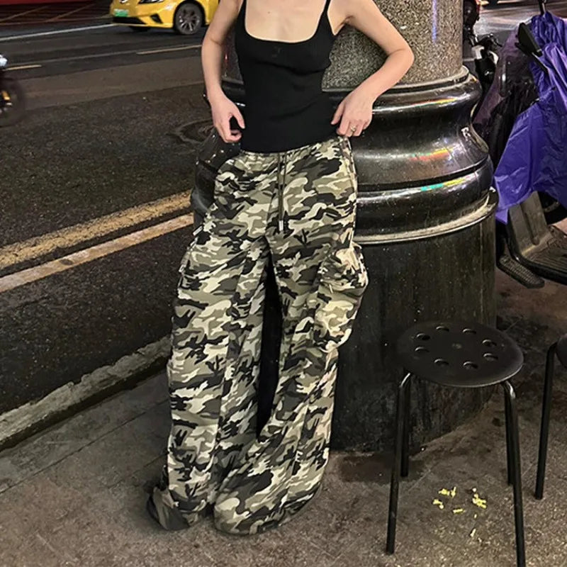 American Retro Punk Camouflage Pocket Cargo Pants Y2k High Street Hip Hop Loose Street Straight Wide Leg Pants