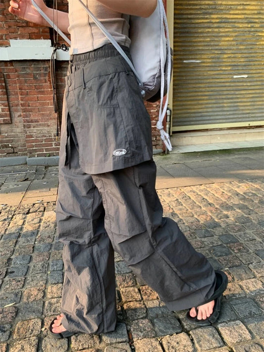 Grey Parachute Pants Woman Baggy Y2k Hip Hop Causal Patchwork Korean Straight Sweatpants Retro Trouser Summer