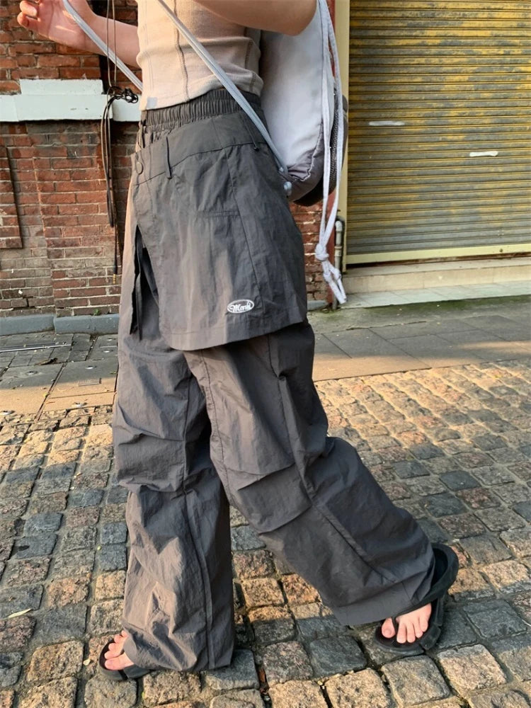 Grey Parachute Pants Woman Baggy Y2k Hip Hop Causal Patchwork Korean Straight Sweatpants Retro Trouser Summer