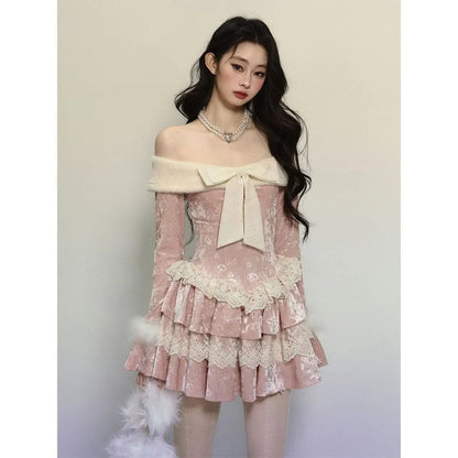 Off Shoulder Long Sleeve Butterfly Knot Velvet Pink Dress for Winter New Retro Waist Slimming Lace Cake Mini Dress