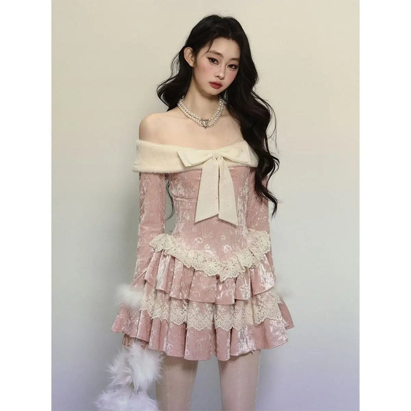 Off Shoulder Long Sleeve Butterfly Knot Velvet Pink Dress for Winter New Retro Waist Slimming Lace Cake Mini Dress