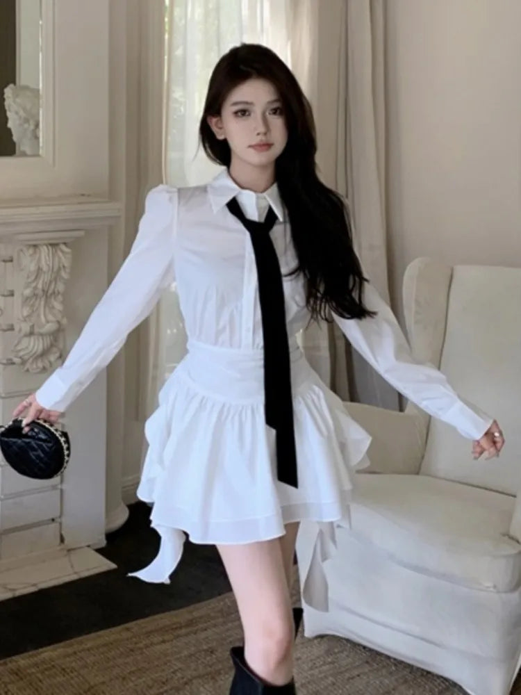 White Shirt Dresses Korean Preppy Style Long Sleeves Ruffle Party Mini Dress Slim Waist Vestidos Female Outfits