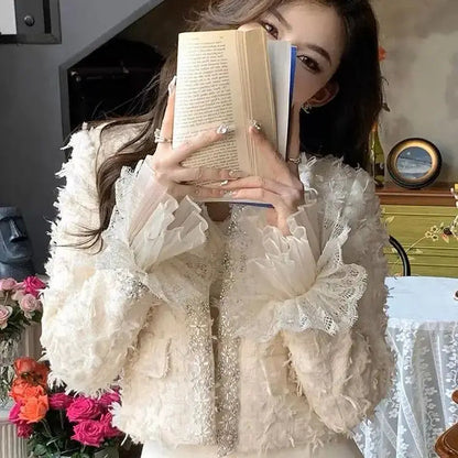 Fringed Tweed Coat New Autumn Long Sleeves Heavy Industry Embroidered Bell Bottoms Stitching Lace .