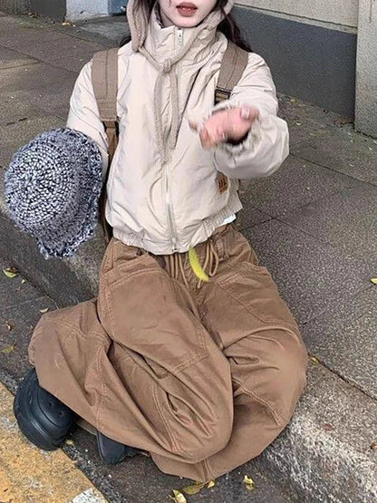 Plain Spliced Wide Leg Cargo Pants Big Pockets Drawstring Low Waist Loose Draped Sweatpants Lounge