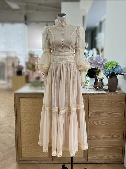 Long Dress Fairy Style Stand Up Collar Lantern Sleeves Splicing Waist Dresses Spring Autumn 1351