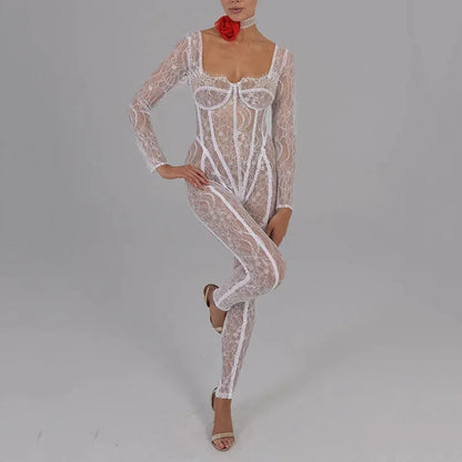 Sheer Lace Hollow Out Jumpsuits Zip Up Backless Outfits Unitards Square Neck Romper Overalls One Piece