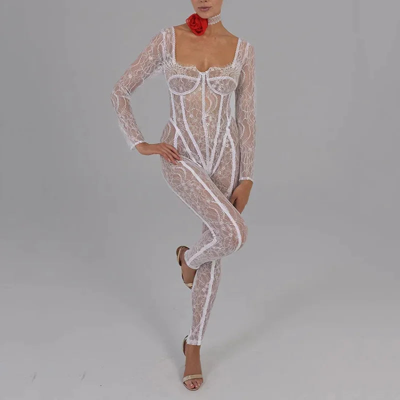 Sheer Lace Hollow Out Jumpsuits Zip Up Backless Outfits Unitards Square Neck Romper Overalls One Piece