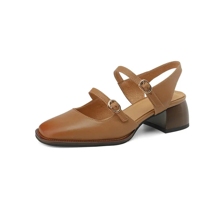 Summer Sandals Genuine Leather Shoes for Square Toe Chunky Heel Shoes Cover Toe Slingback Designer Sandals