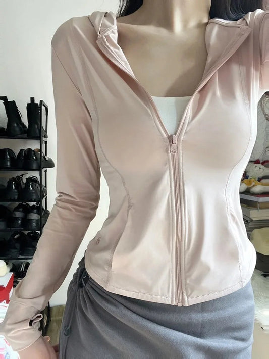 Sweet Pink Ice Silk Sun Protection Coat Summer Slim Fit Zipper Cardigans Y2k Egirl Long Sleeve Jackets Mujer