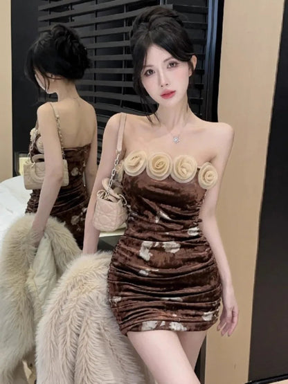 Mini Dresses Flowers Strapless Flowers Slash Neck Off Shoulder Slim Backless Party Dress Club Female
