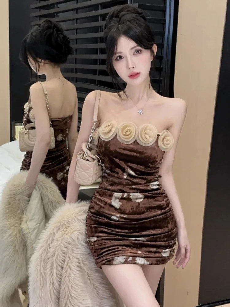Mini Dresses Flowers Strapless Flowers Slash Neck Off Shoulder Slim Backless Party Dress Club Female