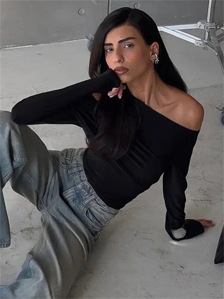 Black Off-shoulder Long Sleeve T-shirt for High Waist Autumn Slim Pullover Top Y2k Tee Top
