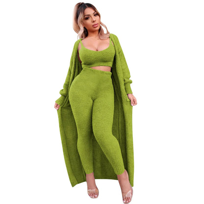 Autumn and Winter Color Suspenders Long Coat Trousers Plush Suit Threepiece Set Vestidos