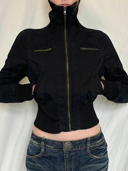 Korean Street Style Black Zip Up Turtleneck Slim Long Sleeve Bomber Jackets for Autumn New Gothic Outwears
